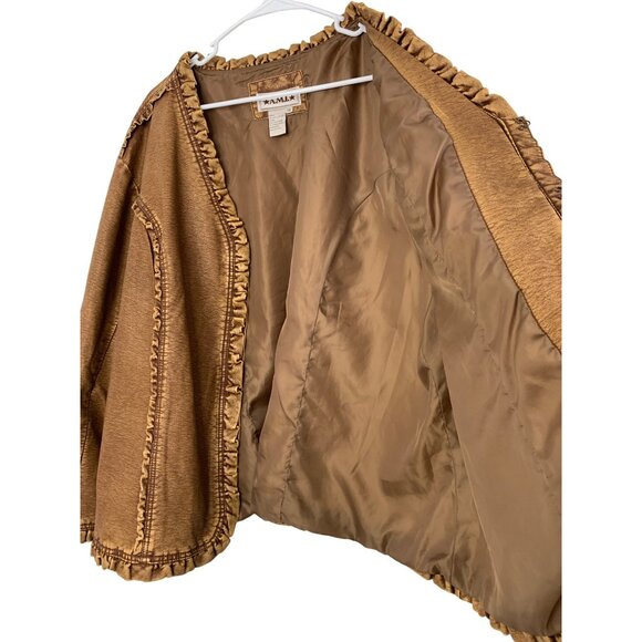 Womens Ruffle Jacket By AMI 3X Plus Faux Leather Lightweight GUC brown 8689 - Picture 7 of 7